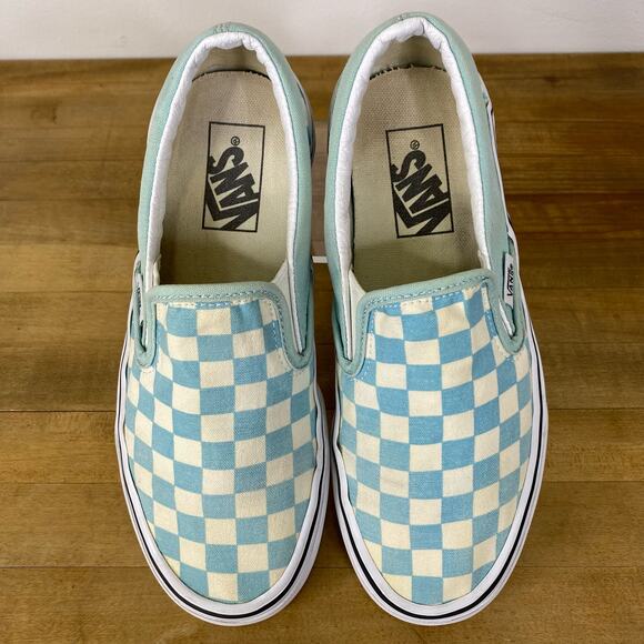 VANS Checkerboard Sneaker Womens 6.5 Classic Slip-on Canvas Aqua White Skater - Picture 1 of 10